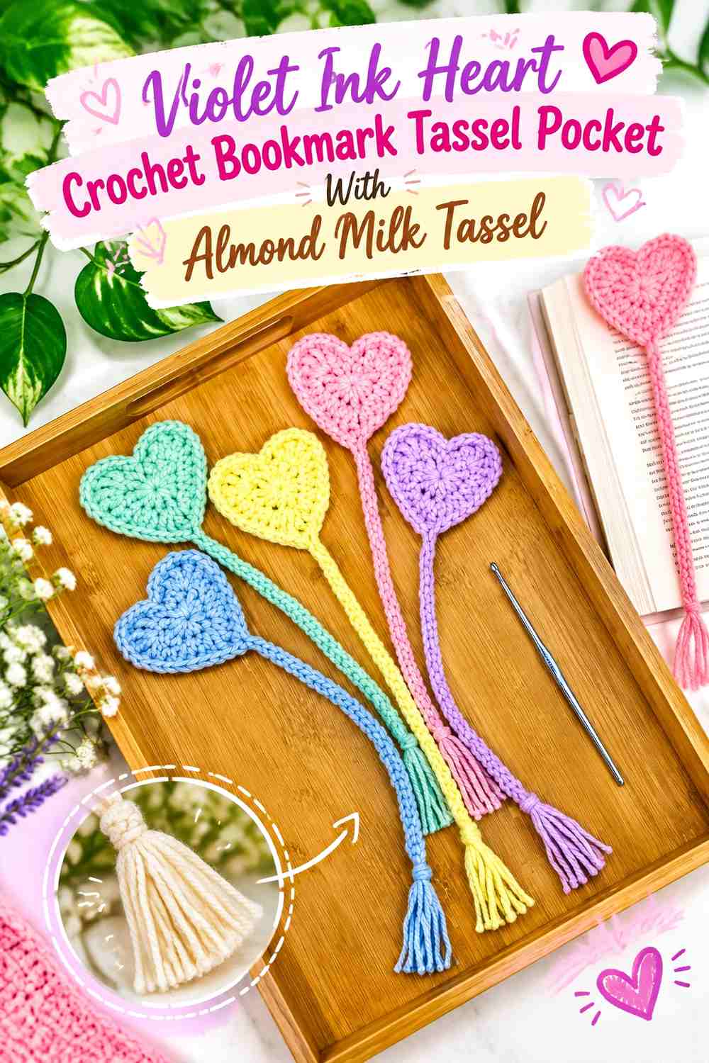 Violet Ink Heart Crochet Bookmark Tassel Pocket With Almond Milk Tassel