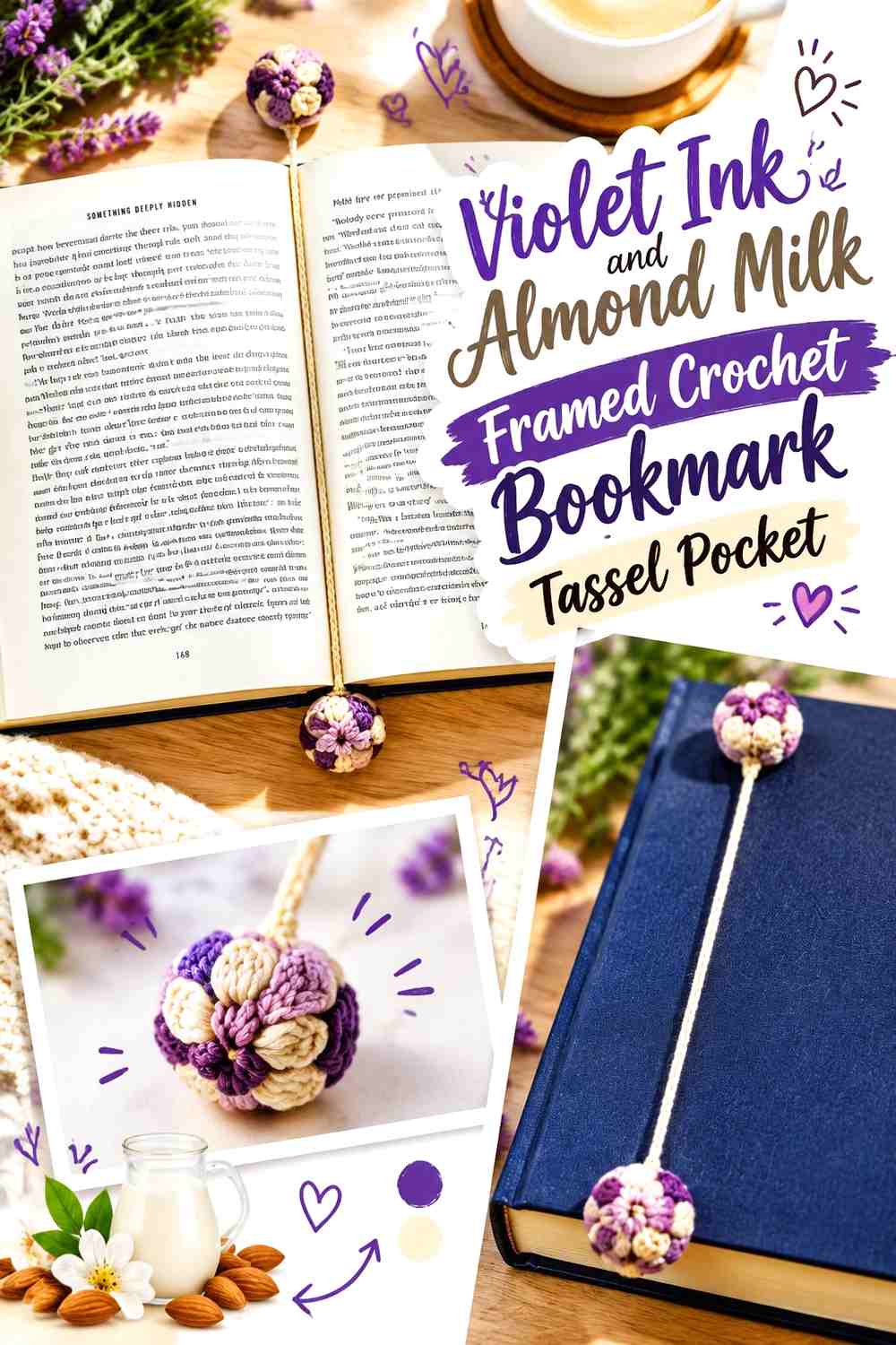 Violet Ink and Almond Milk Framed Crochet Bookmark Tassel Pocket