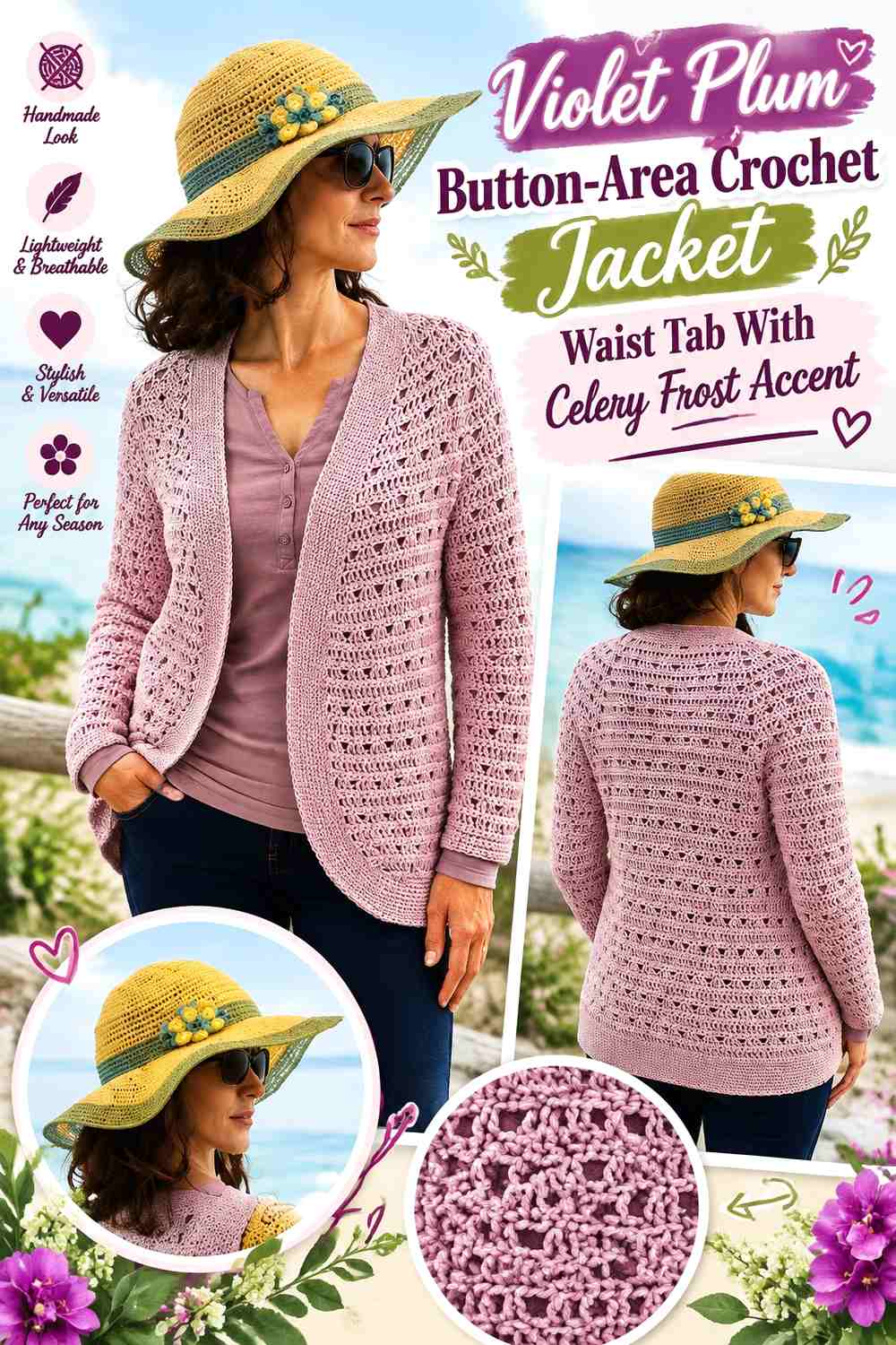 Violet Plum Button-Area Crochet Jacket Waist Tab With Celery Frost Accent