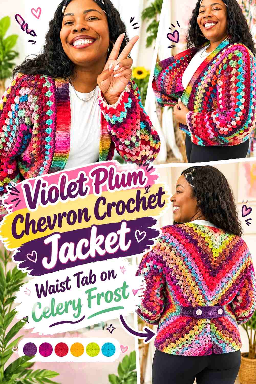 Violet Plum Chevron Crochet Jacket Waist Tab on Celery Frost