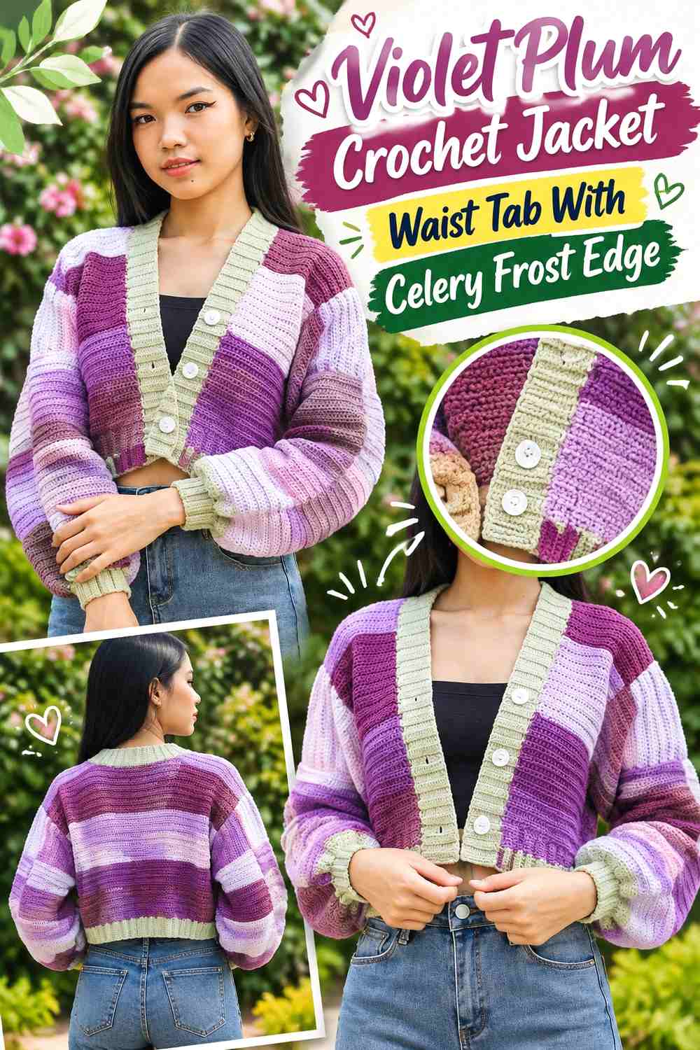 Violet Plum Crochet Jacket Waist Tab With Celery Frost Edge