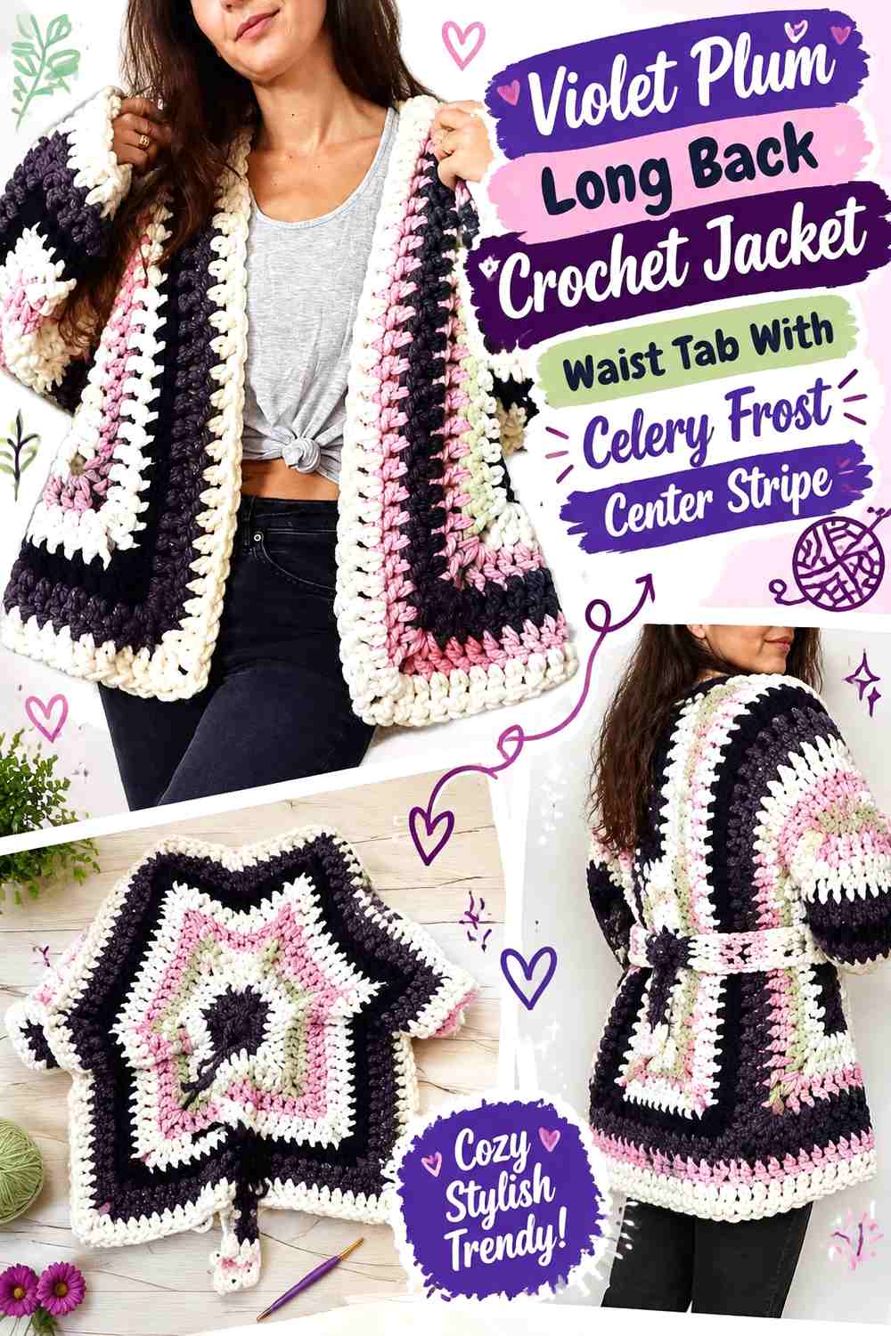 Violet Plum Long Back Crochet Jacket Waist Tab With Celery Frost Center Stripe