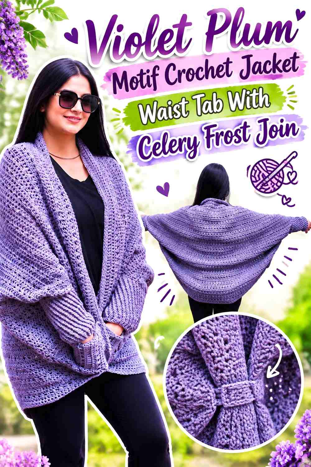Violet Plum Motif Crochet Jacket Waist Tab With Celery Frost Join