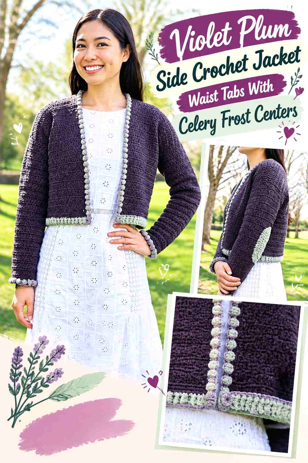 Violet Plum Side Crochet Jacket Waist Tabs With Celery Frost Centers