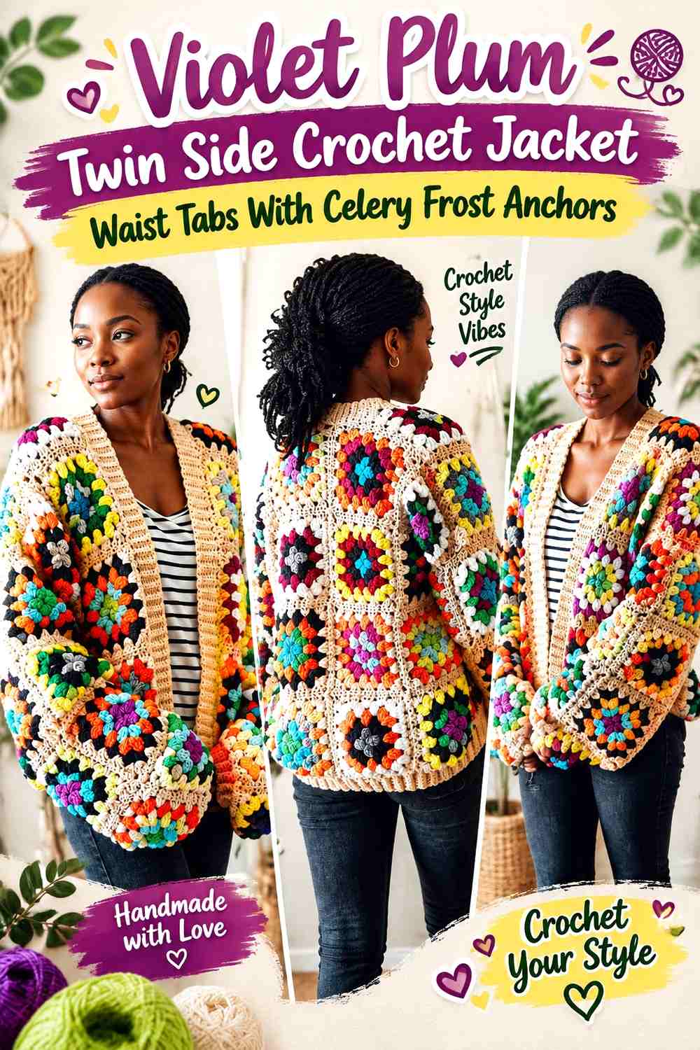Violet Plum Twin Side Crochet Jacket Waist Tabs With Celery Frost Anchors