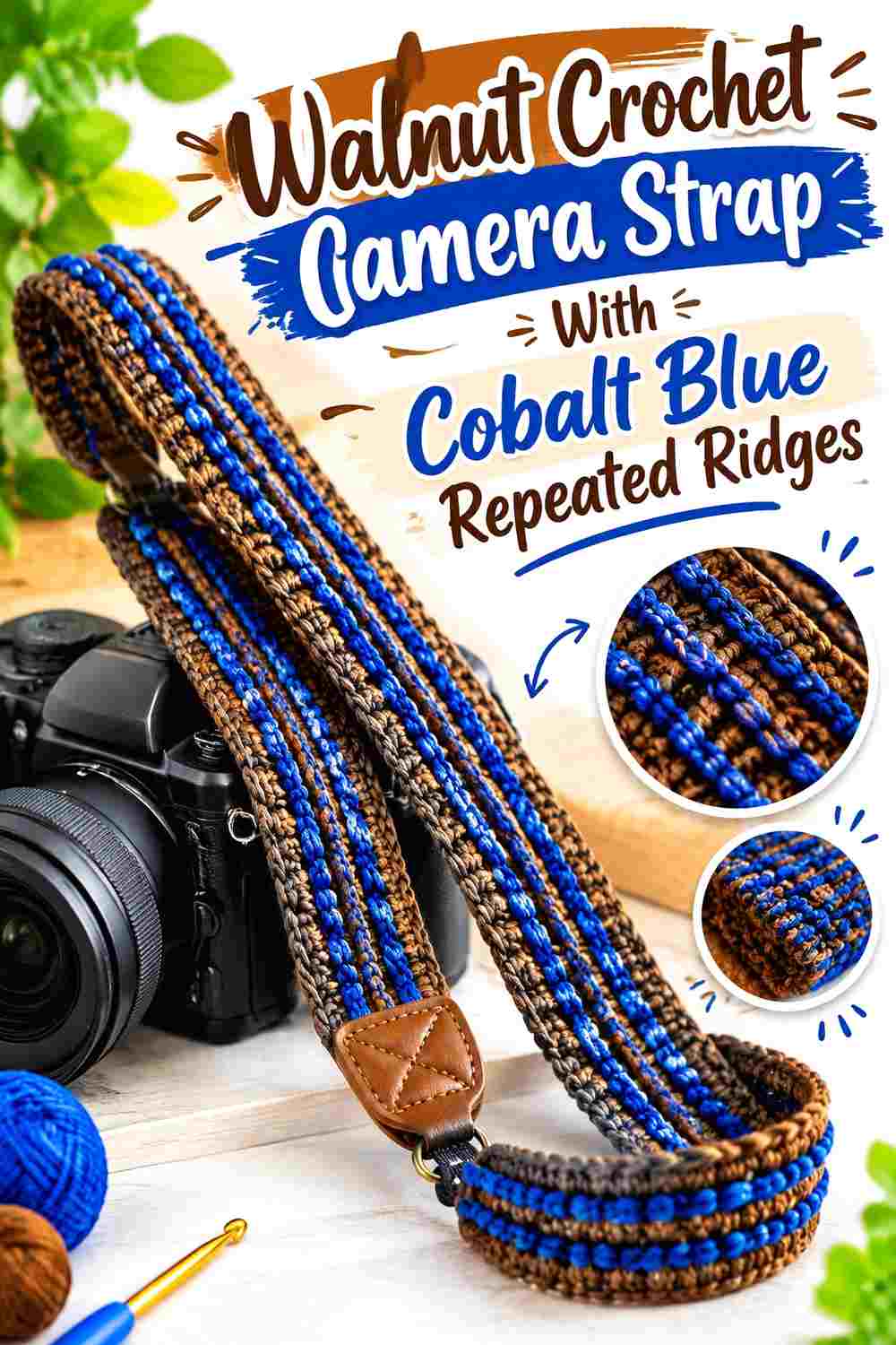 12. Walnut Crochet Camera Strap With Cobalt Blue Repeated Ridges