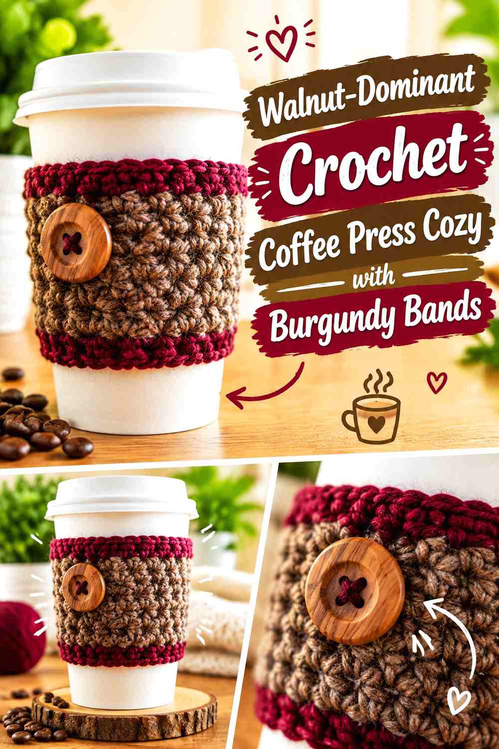 2. Walnut Dominant Crochet Coffee Press Cozy With Burgundy Bands