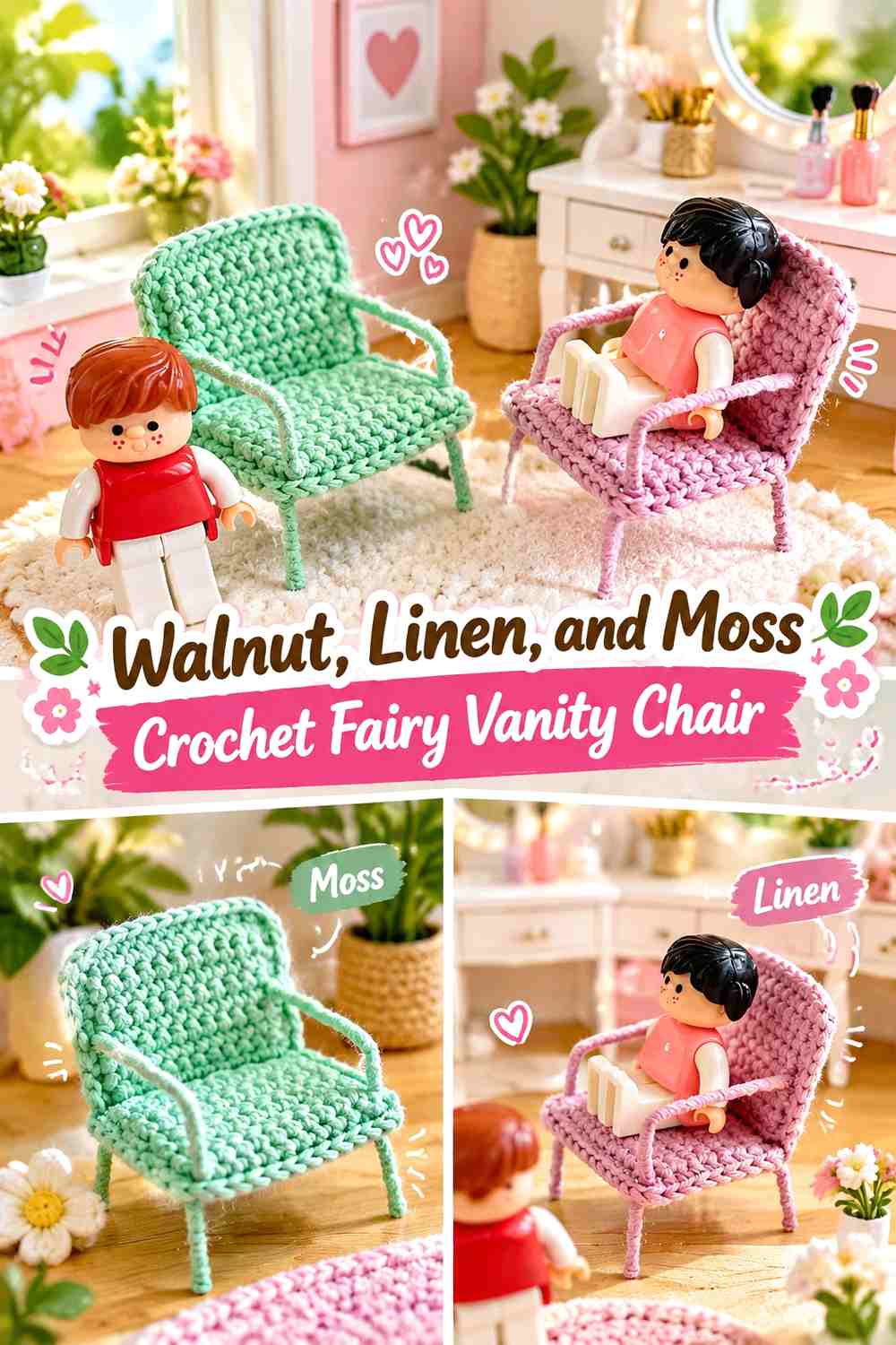 Walnut, Linen, and Moss Crochet Fairy Vanity Chair