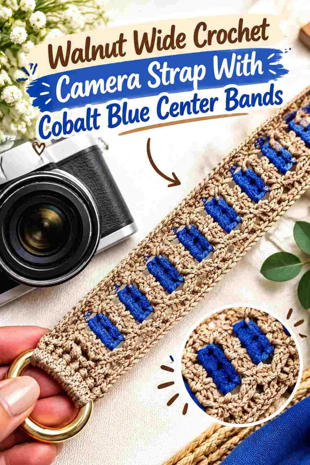 8. Walnut Wide Crochet Camera Strap With Cobalt Blue Center Bands