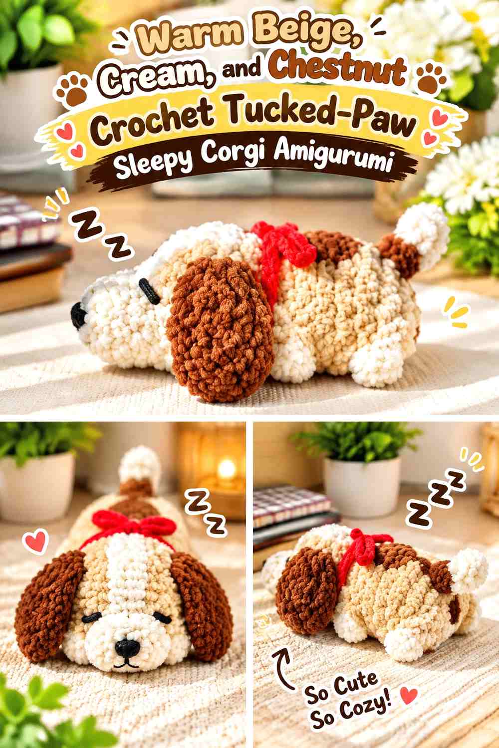 Warm Beige, Cream, and Chestnut Crochet Tucked-Paw Sleepy Corgi Amigurumi