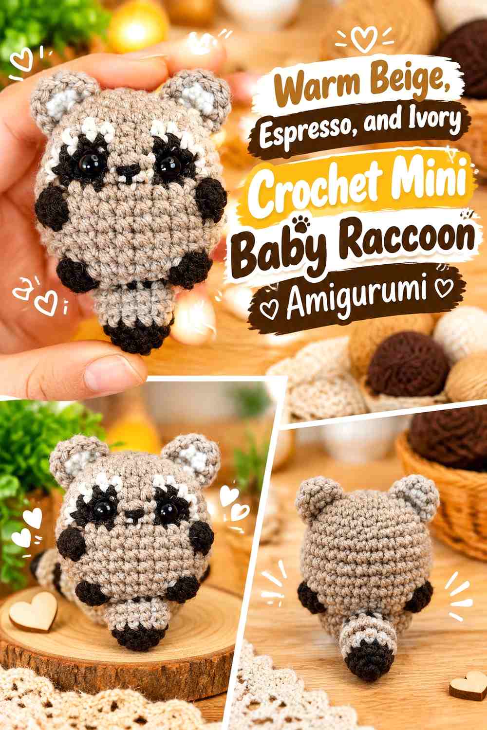 Warm Beige, Espresso, and Ivory Crochet Mini Baby Raccoon Amigurumi