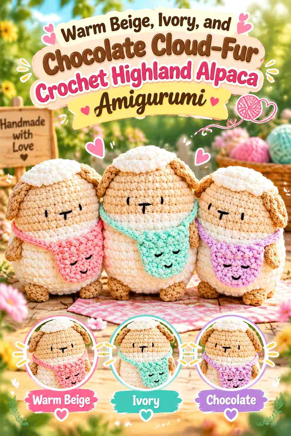 Warm Beige, Ivory, and Chocolate Cloud-Fur Crochet Highland Alpaca Amigurumi