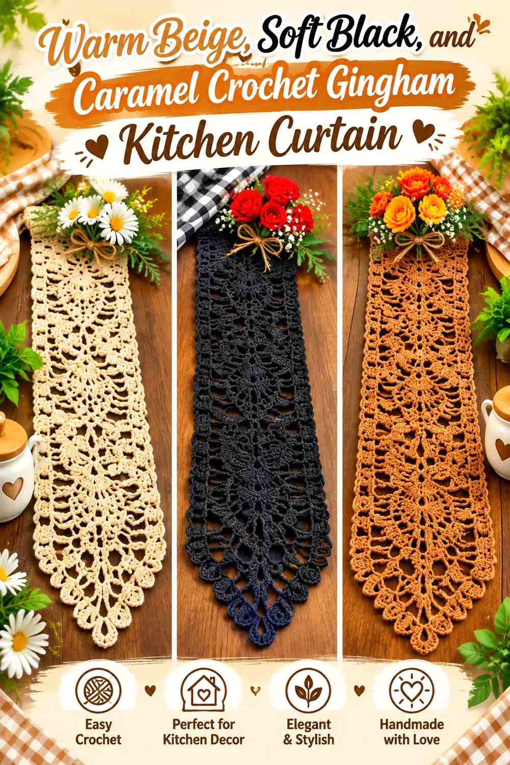 Warm Beige, Soft Black, and Caramel Crochet Gingham Kitchen Curtain