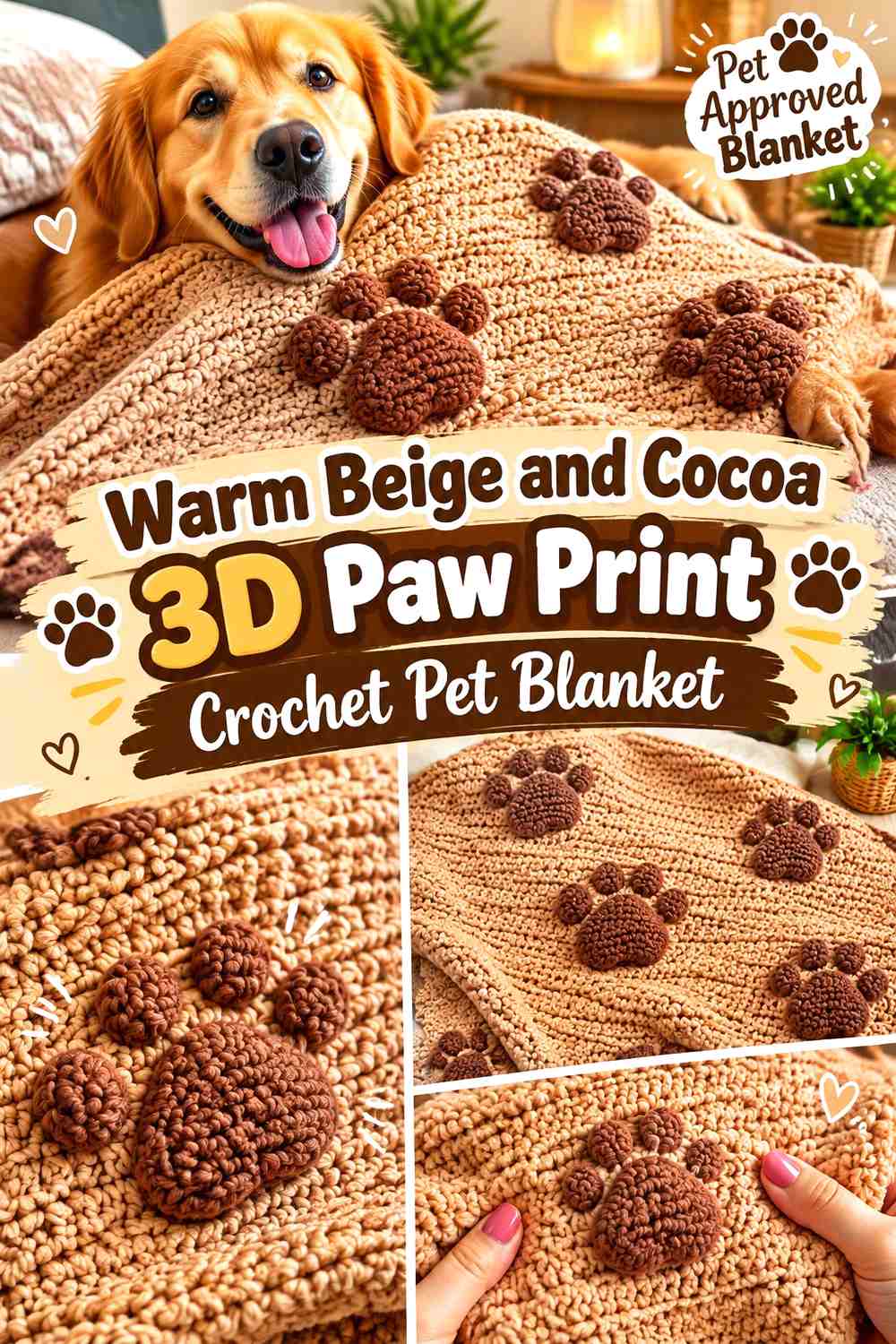 Warm Beige and Cocoa 3D Paw Print Crochet Pet Blanket