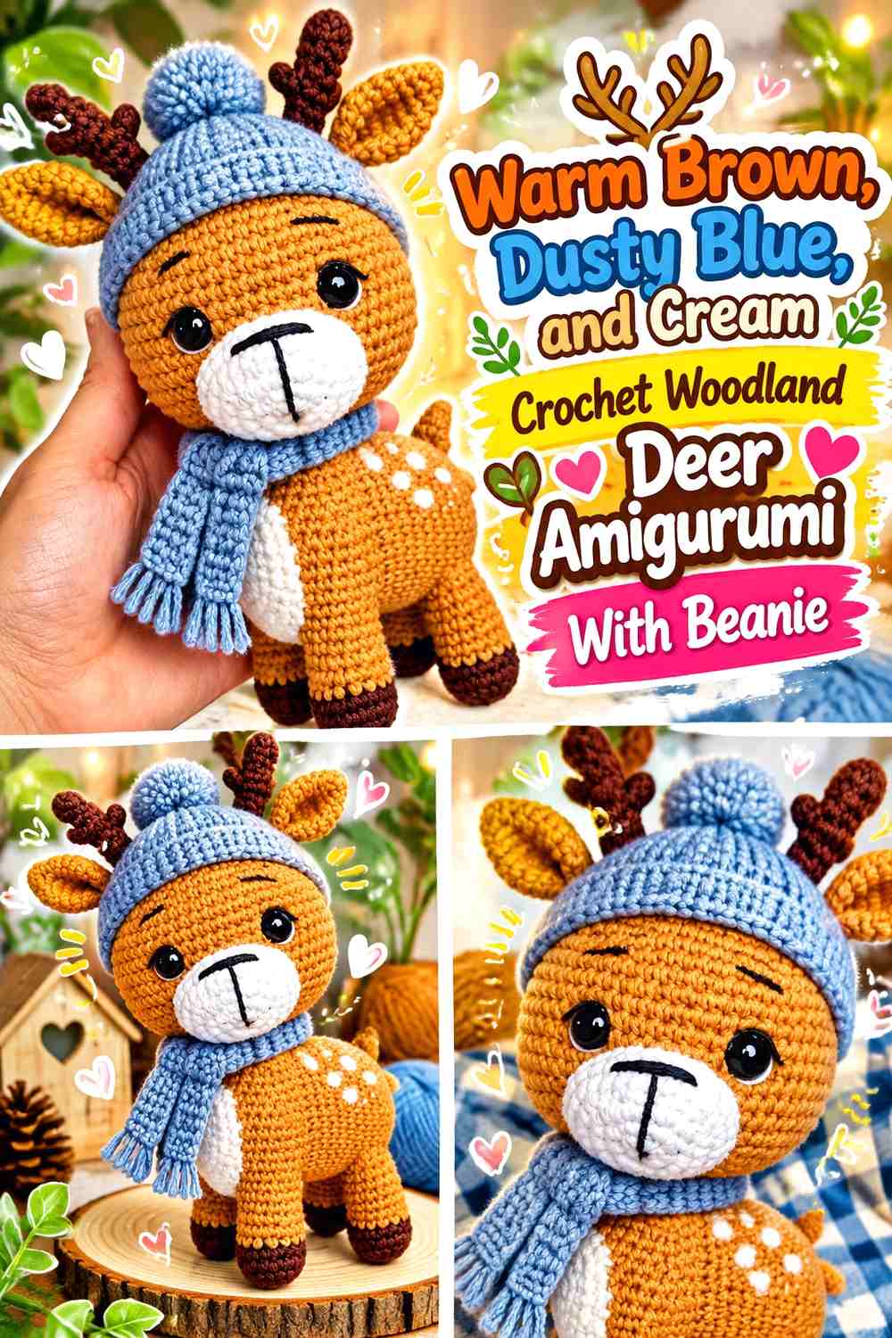 Warm Brown, Dusty Blue, and Cream Crochet Woodland Deer Amigurumi With Beanie