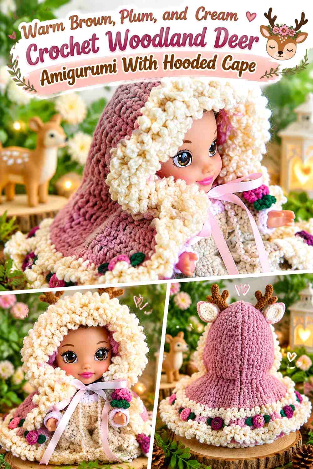 Warm Brown, Plum, and Cream Crochet Woodland Deer Amigurumi With Hooded Cape