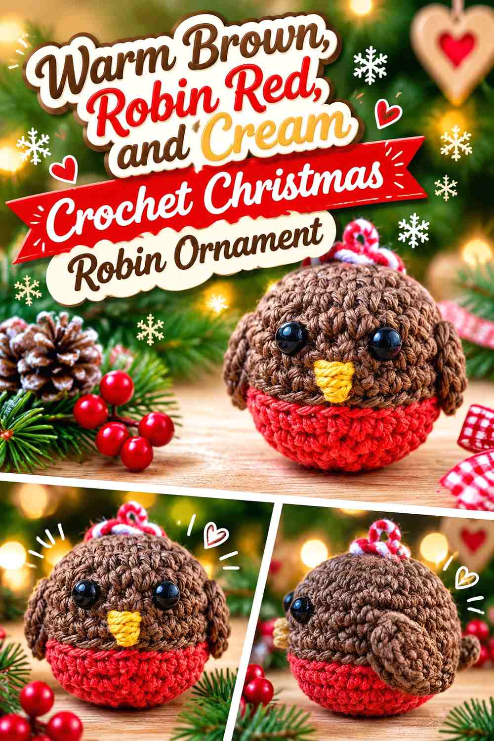 Warm Brown, Robin Red, and Cream Crochet Christmas Robin Ornament