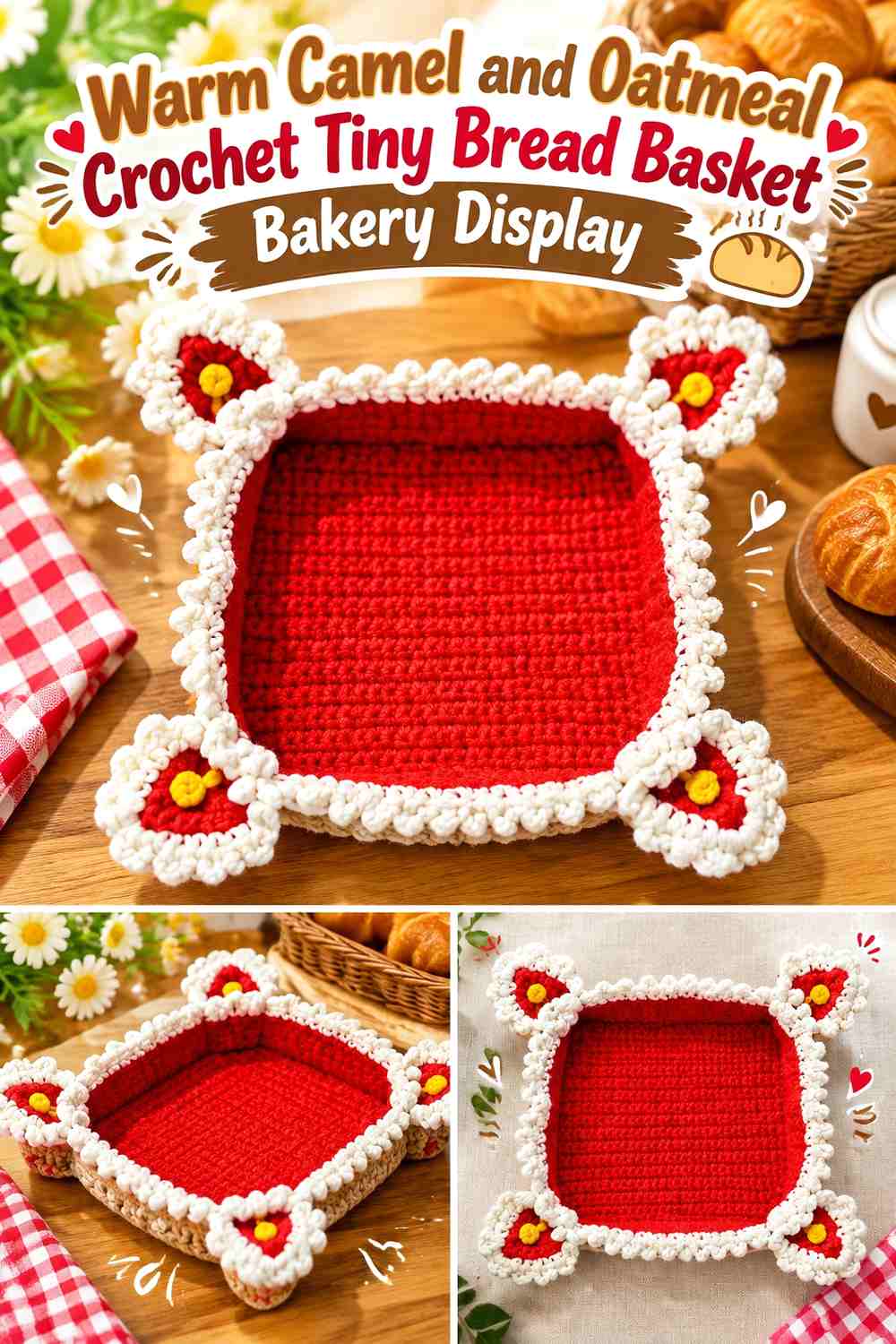 Warm Camel and Oatmeal Crochet Tiny Bread Basket Bakery Display