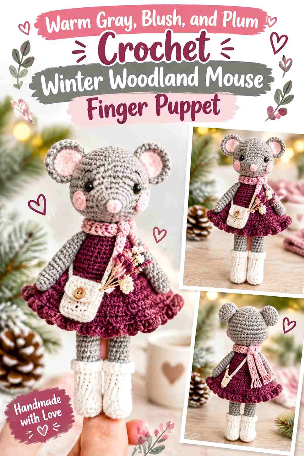 Warm Gray, Blush, and Plum Crochet Winter Woodland Mouse Finger Puppet