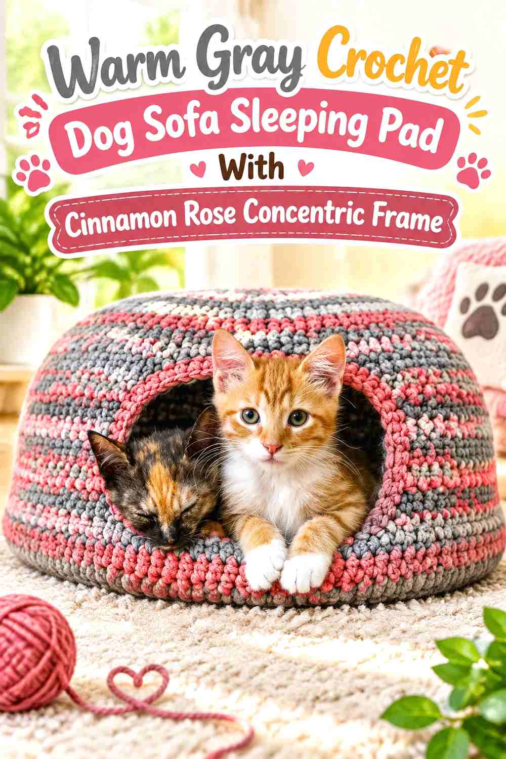 Warm Gray Crochet Dog Sofa Sleeping Pad With Cinnamon Rose Concentric Frame