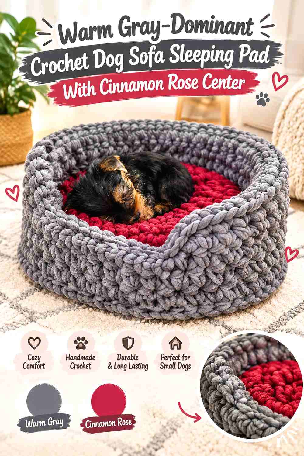 Warm Gray-Dominant Crochet Dog Sofa Sleeping Pad With Cinnamon Rose Center