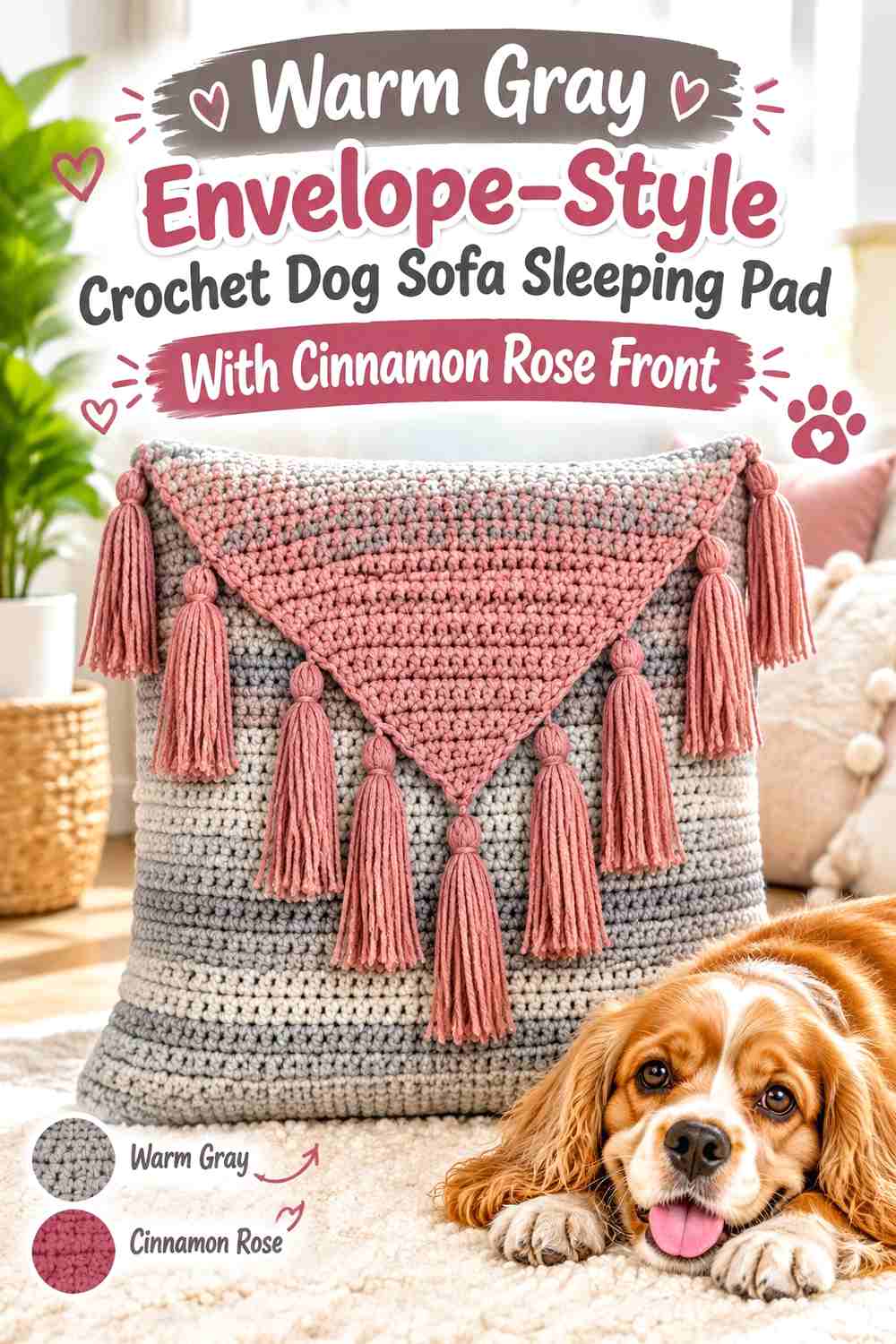 Warm Gray Envelope-Style Crochet Dog Sofa Sleeping Pad With Cinnamon Rose Front