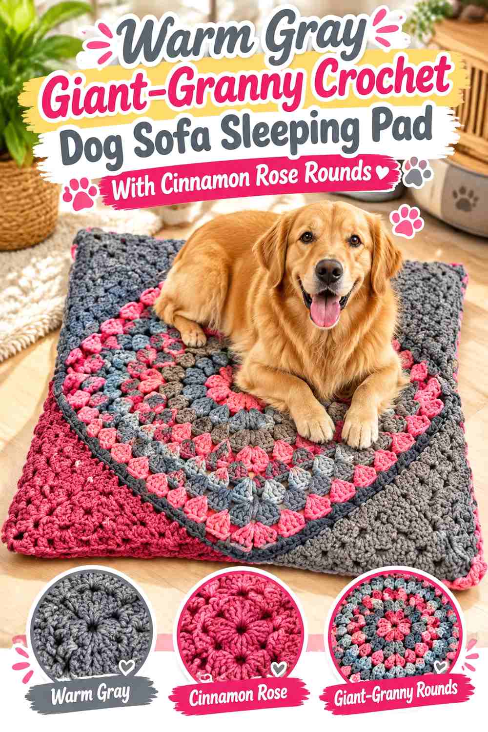 Warm Gray Giant-Granny Crochet Dog Sofa Sleeping Pad With Cinnamon Rose Rounds