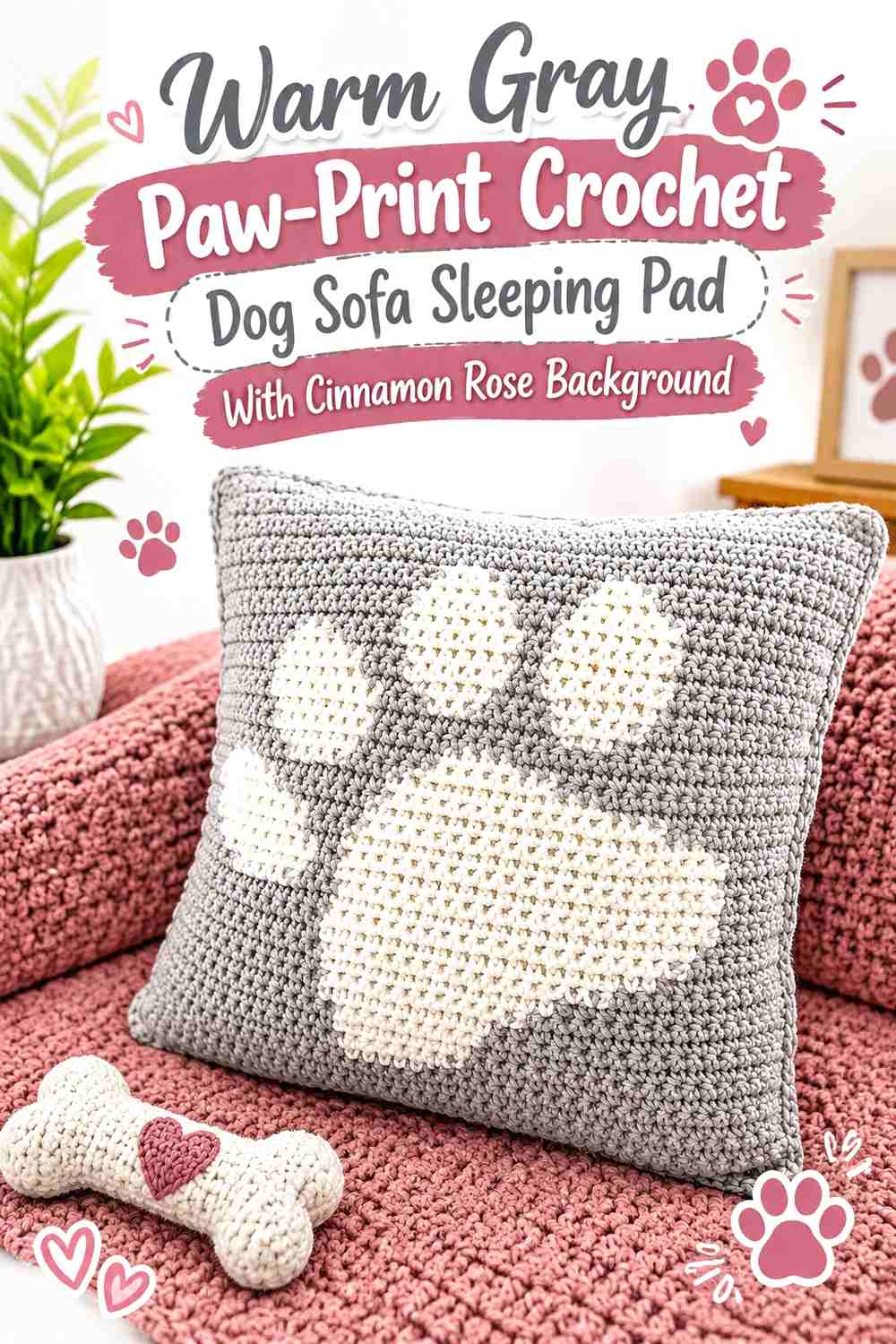 Warm Gray Paw-Print Crochet Dog Sofa Sleeping Pad With Cinnamon Rose Background