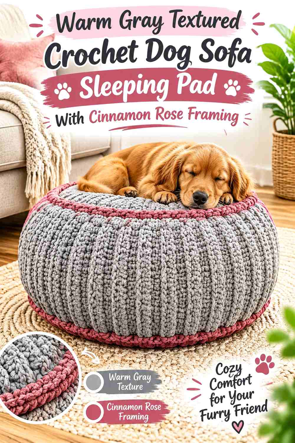 Warm Gray Textured Crochet Dog Sofa Sleeping Pad With Cinnamon Rose Framing