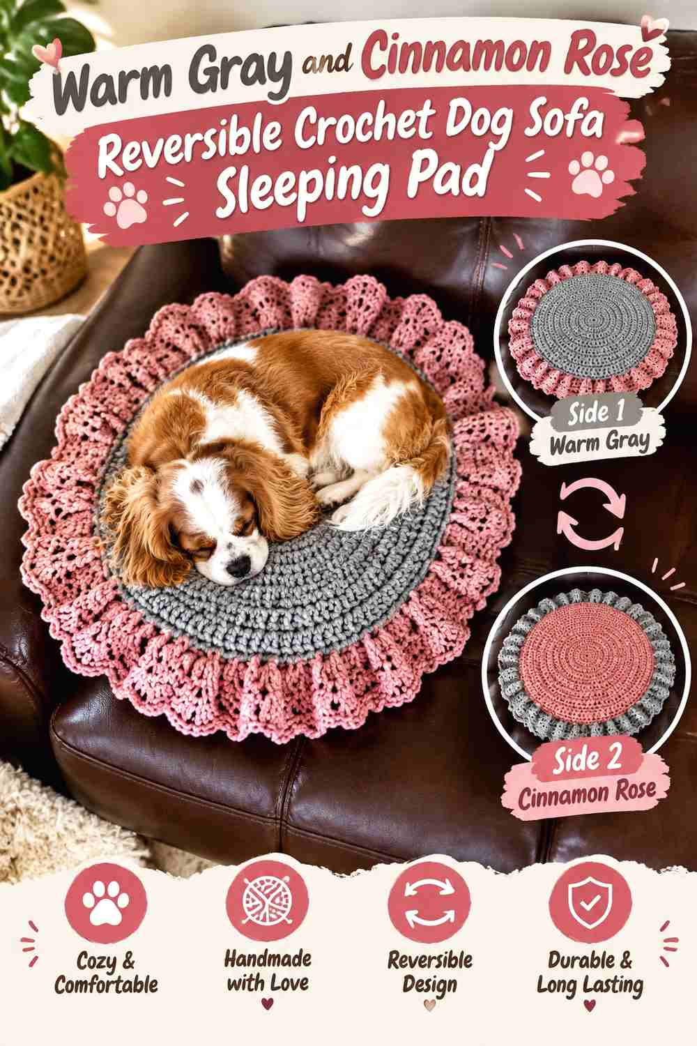 Warm Gray and Cinnamon Rose Reversible Crochet Dog Sofa Sleeping Pad
