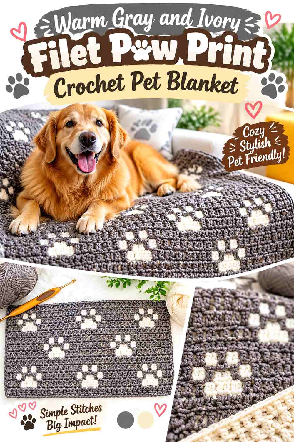 Warm Gray and Ivory Filet Paw Print Crochet Pet Blanket