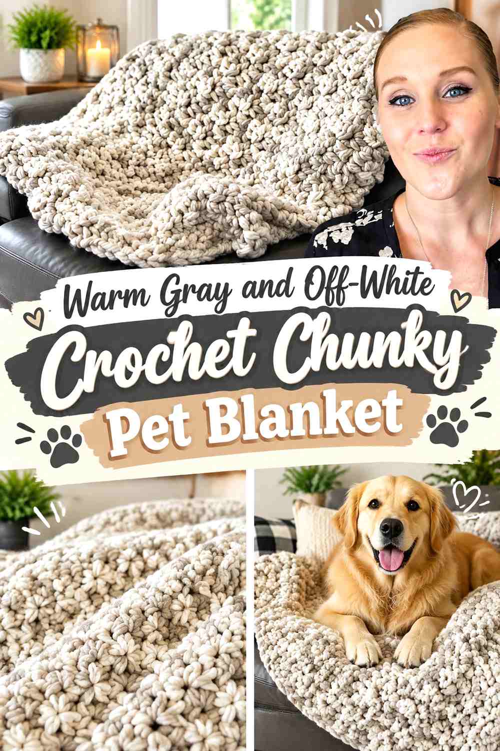 Warm Gray and Off-White Crochet Chunky Pet Blanket