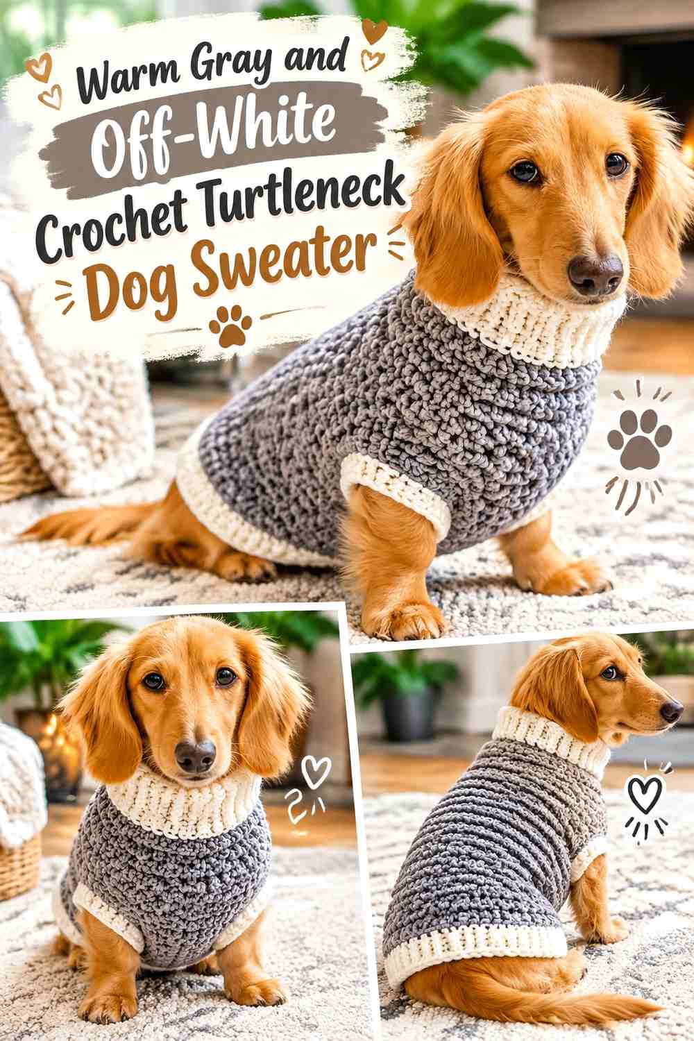 Warm Gray and Off-White Crochet Turtleneck Dog Sweater