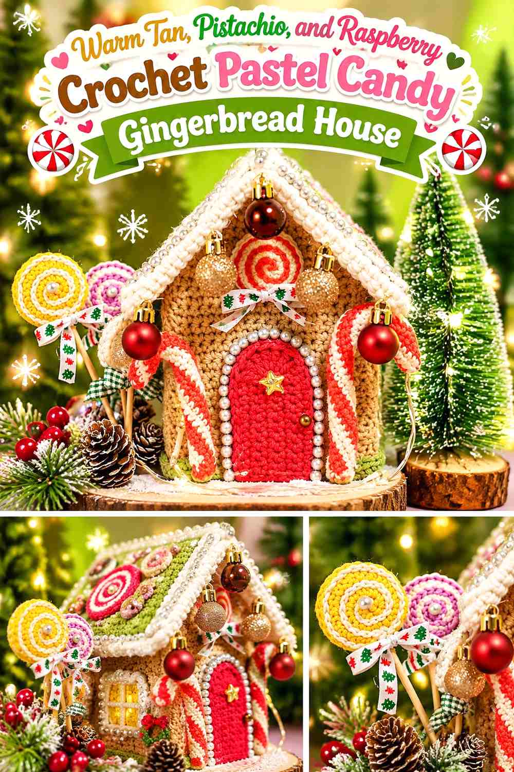 Warm Tan, Pistachio, and Raspberry Crochet Pastel Candy Gingerbread House