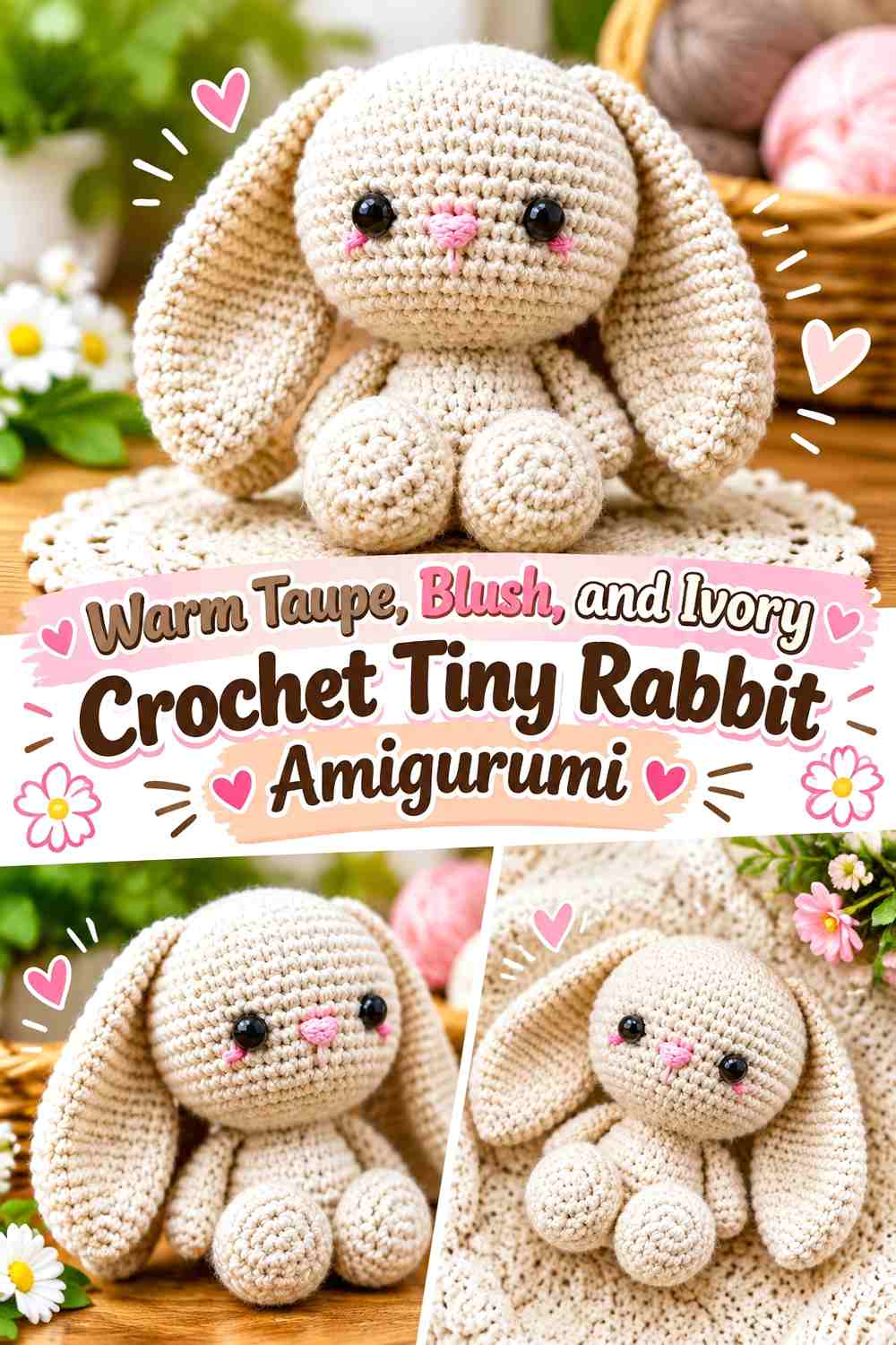 Warm Taupe, Blush, and Ivory Crochet Tiny Rabbit Amigurumi