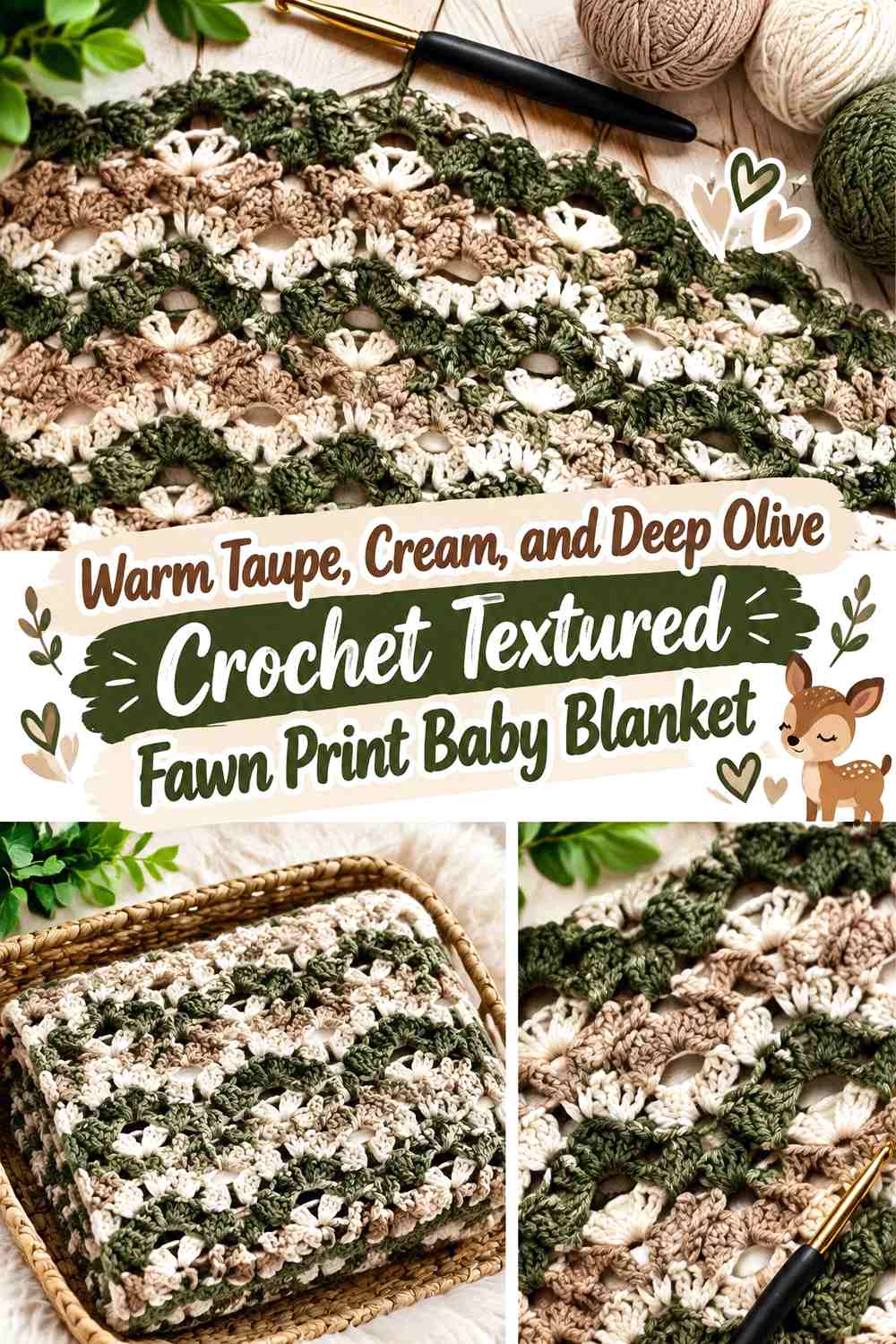 Warm Taupe, Cream, and Deep Olive Crochet Textured Fawn Print Baby Blanket