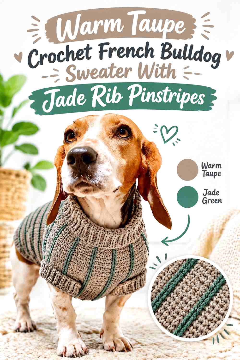Warm Taupe Crochet French Bulldog Sweater With Jade Rib Pinstripes