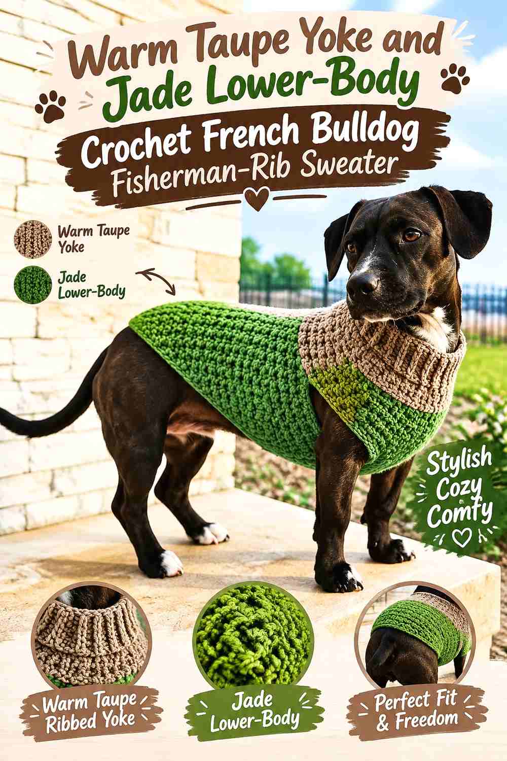 Warm Taupe Yoke and Jade Lower-Body Crochet French Bulldog Fisherman-Rib Sweater
