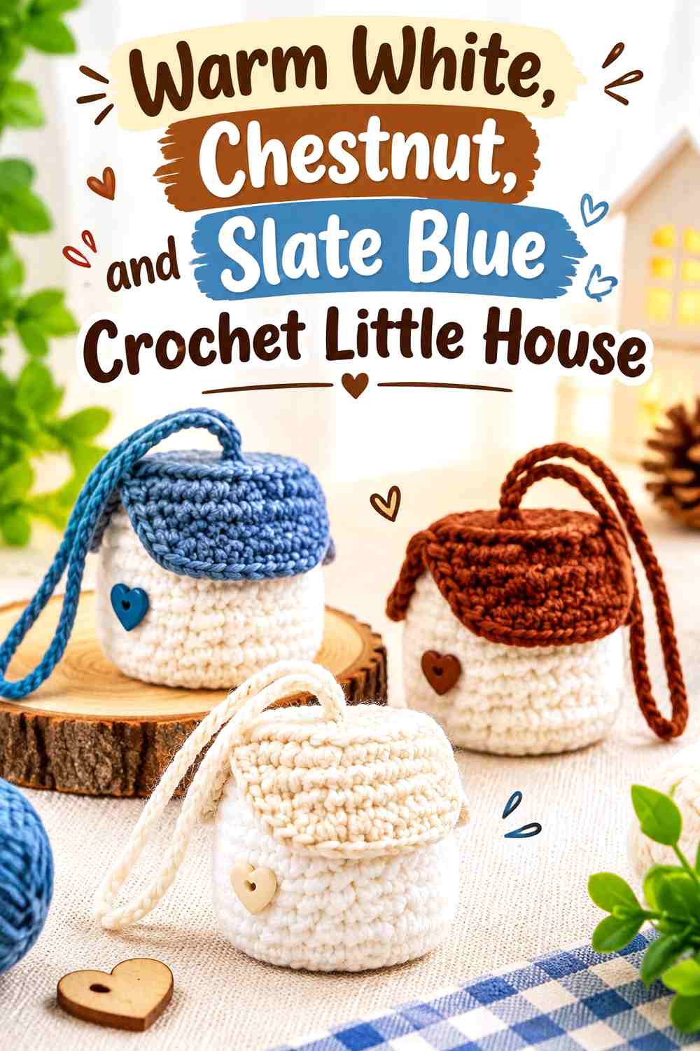 Warm White, Chestnut, and Slate Blue Crochet Little House