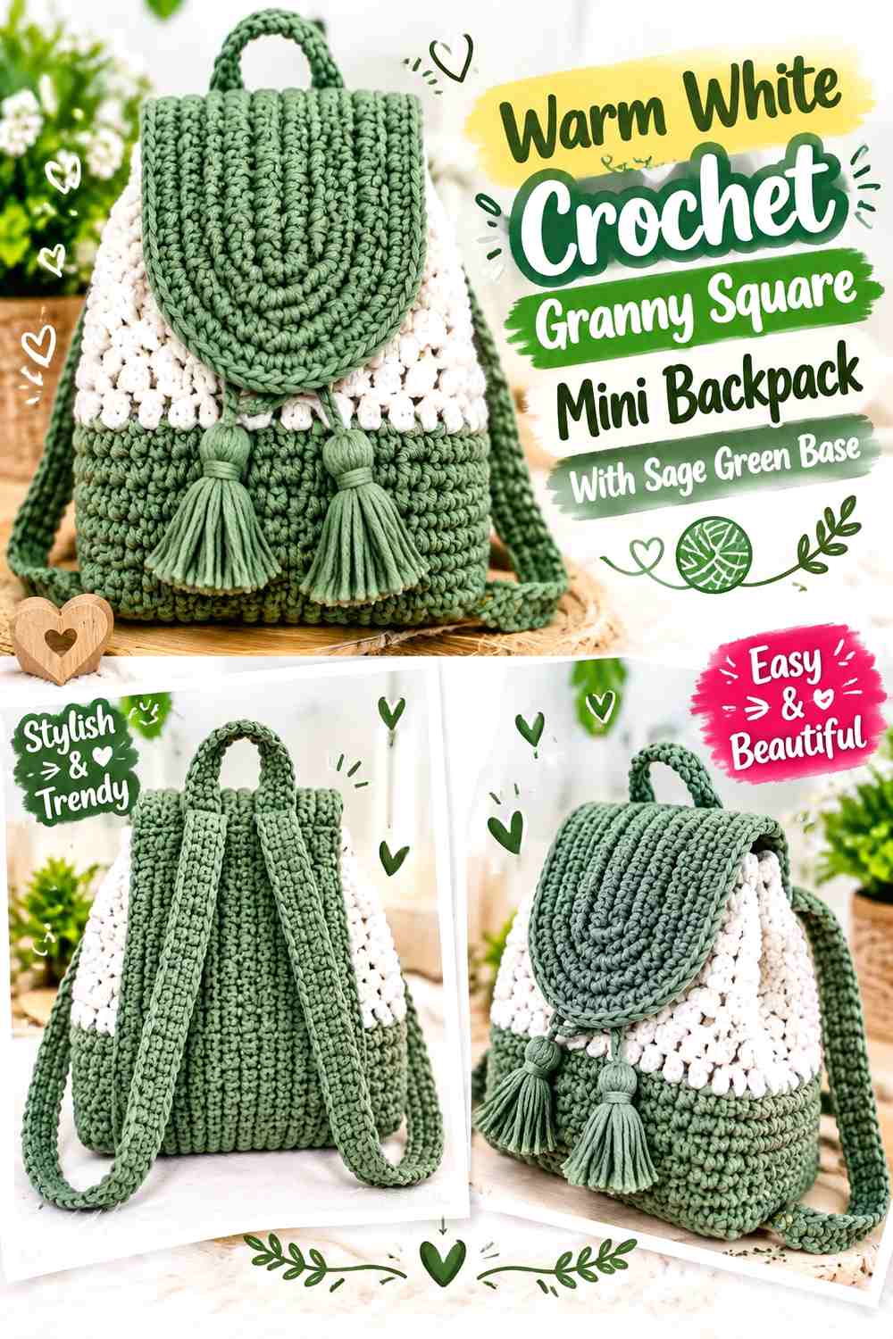 Warm White Crochet Granny Square Mini Backpack With Sage Green Base