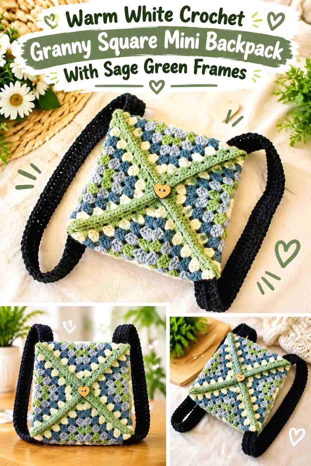 Warm White Crochet Granny Square Mini Backpack With Sage Green Frames