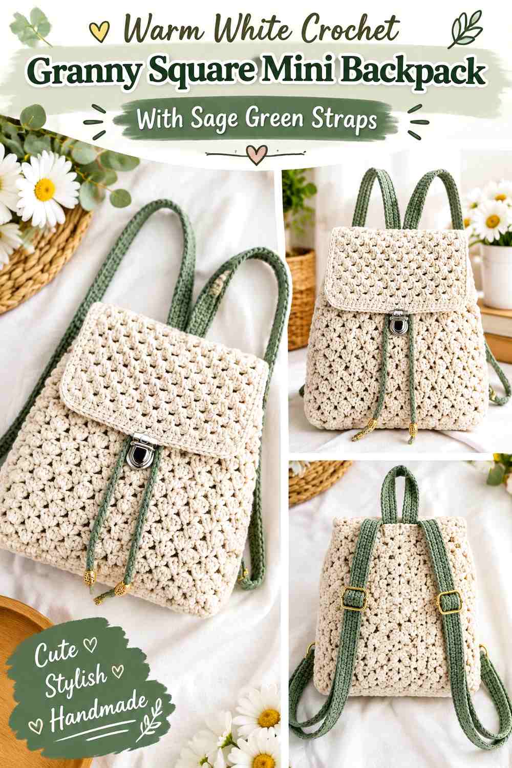 Warm White Crochet Granny Square Mini Backpack With Sage Green Straps