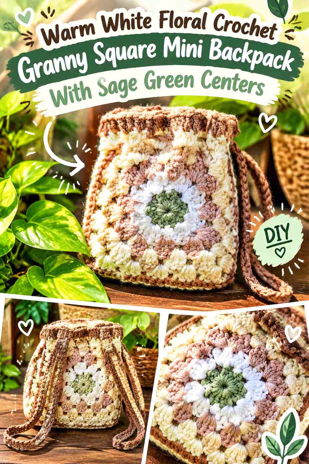 Warm White Floral Crochet Granny Square Mini Backpack With Sage Green Centers