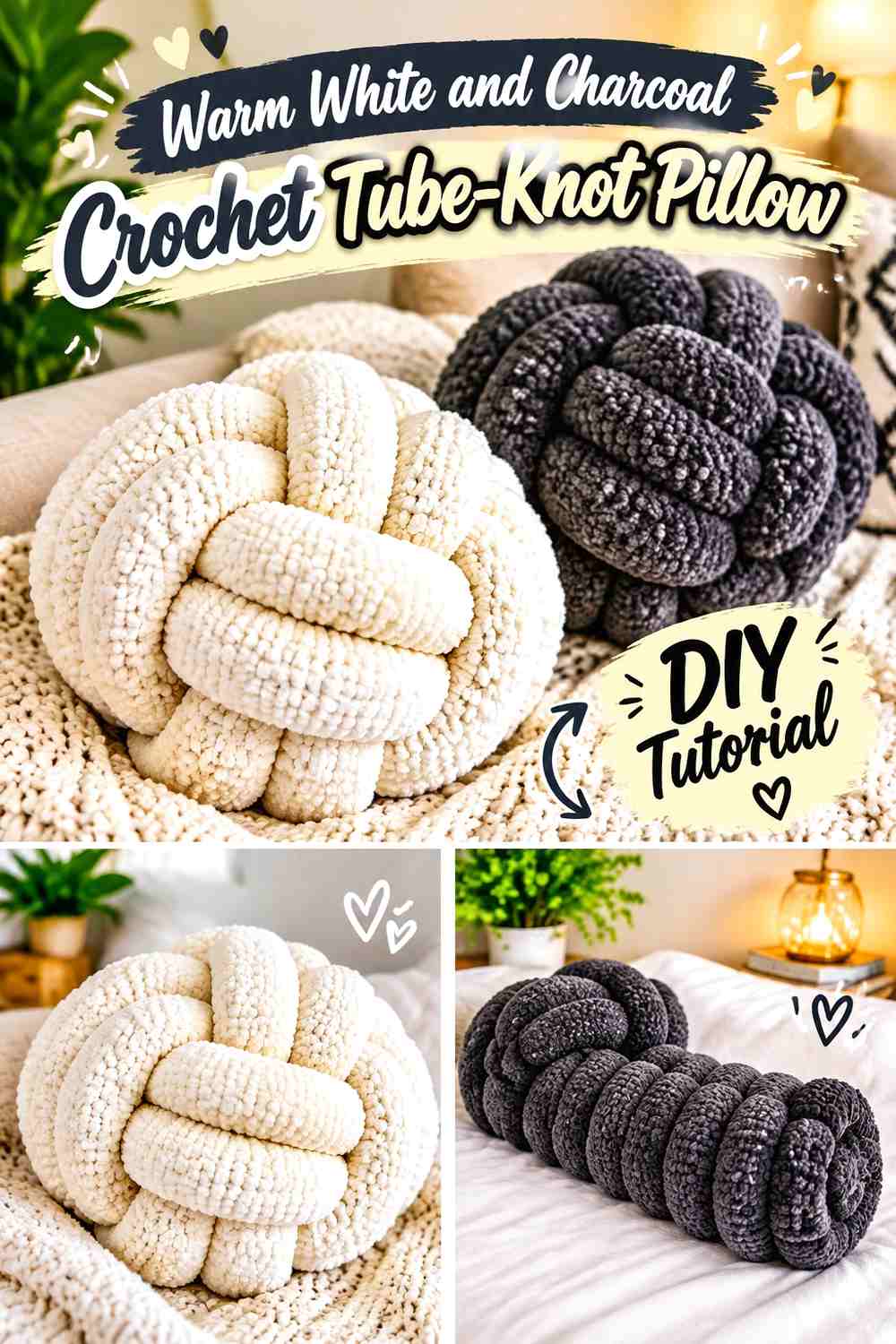 Warm White and Charcoal Crochet Tube-Knot Pillow