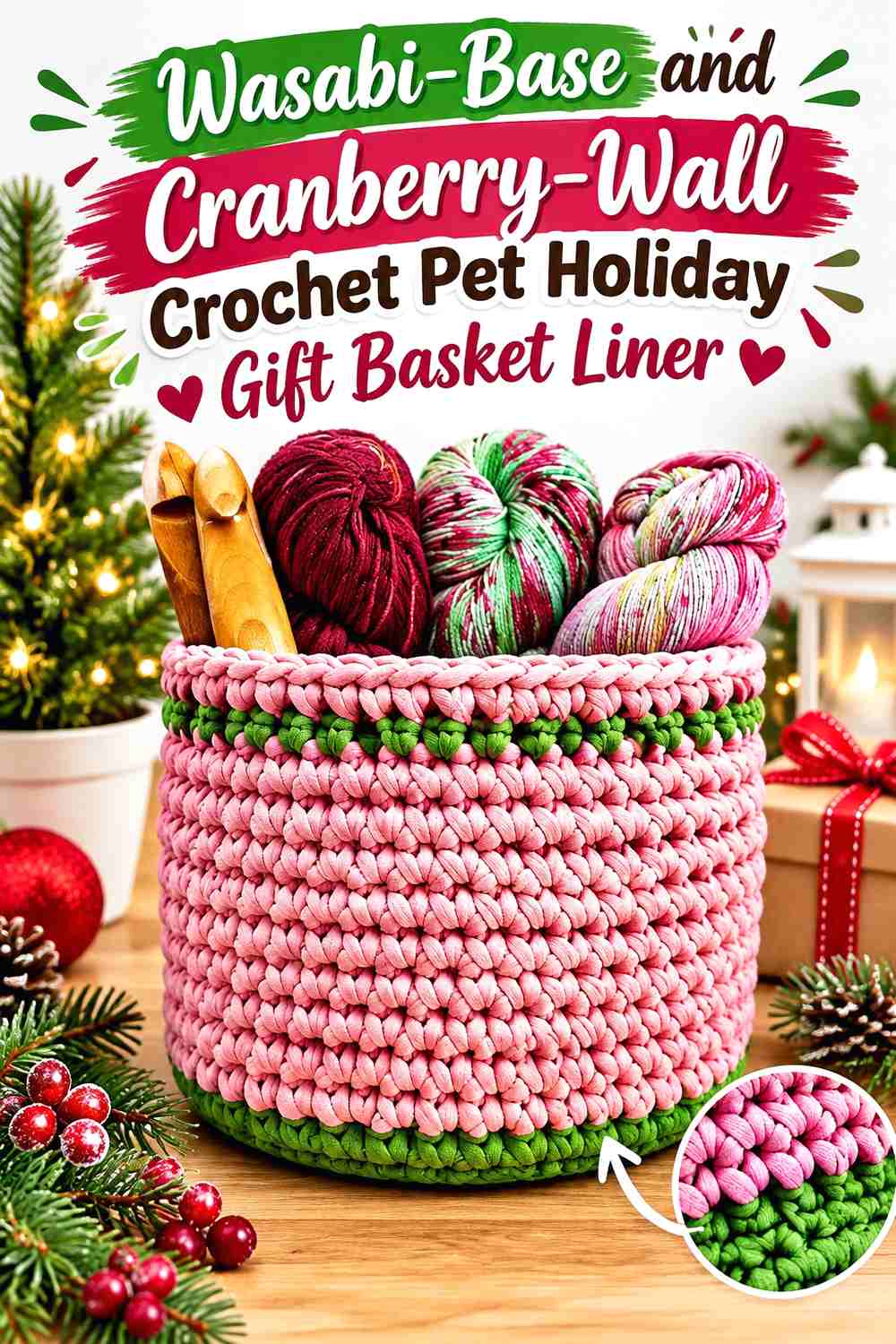 Wasabi-Base and Cranberry-Wall Crochet Pet Holiday Gift Basket Liner