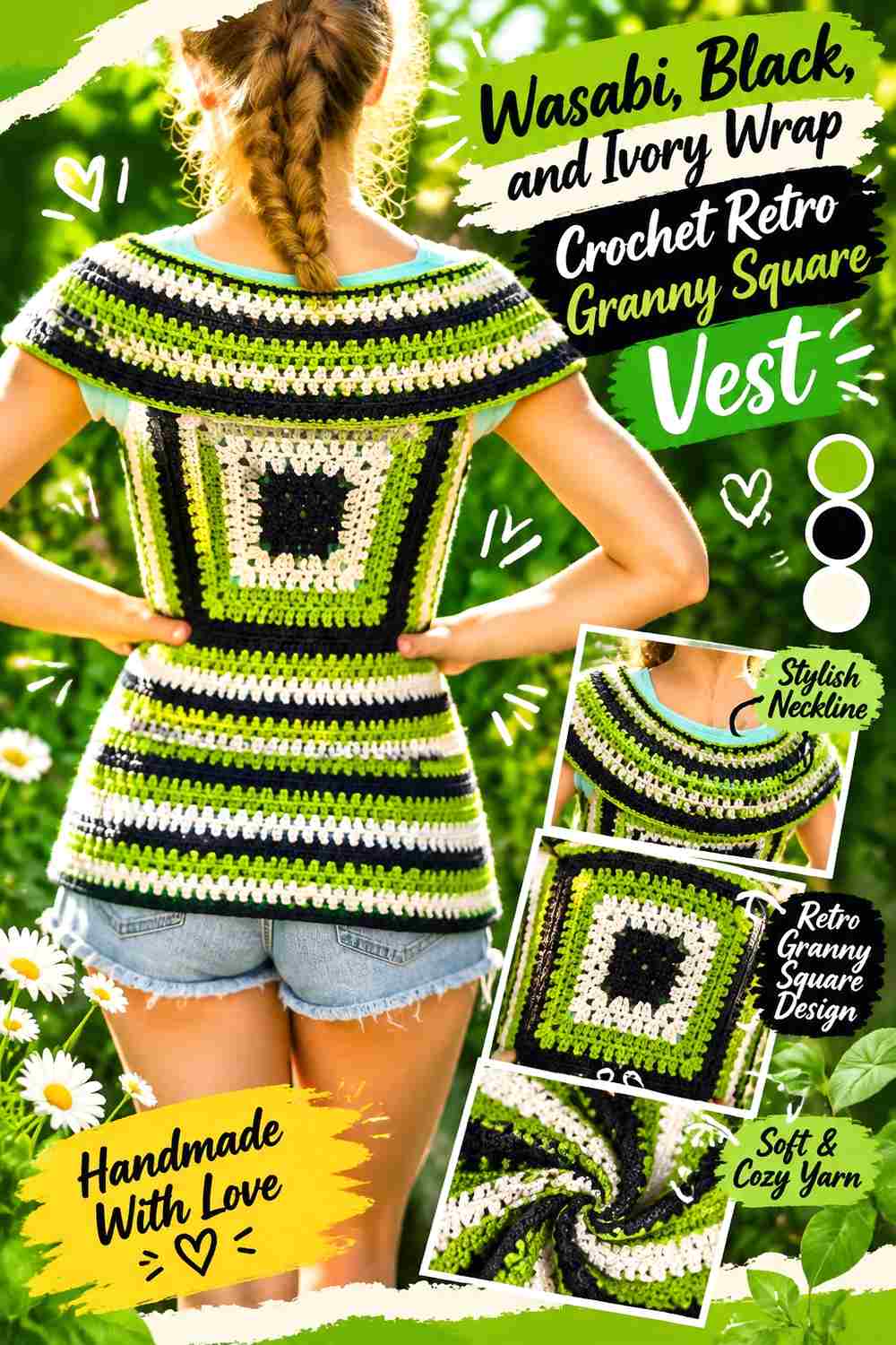 10. Wasabi Black And Ivory Wrap Crochet Retro Granny Square Vest
