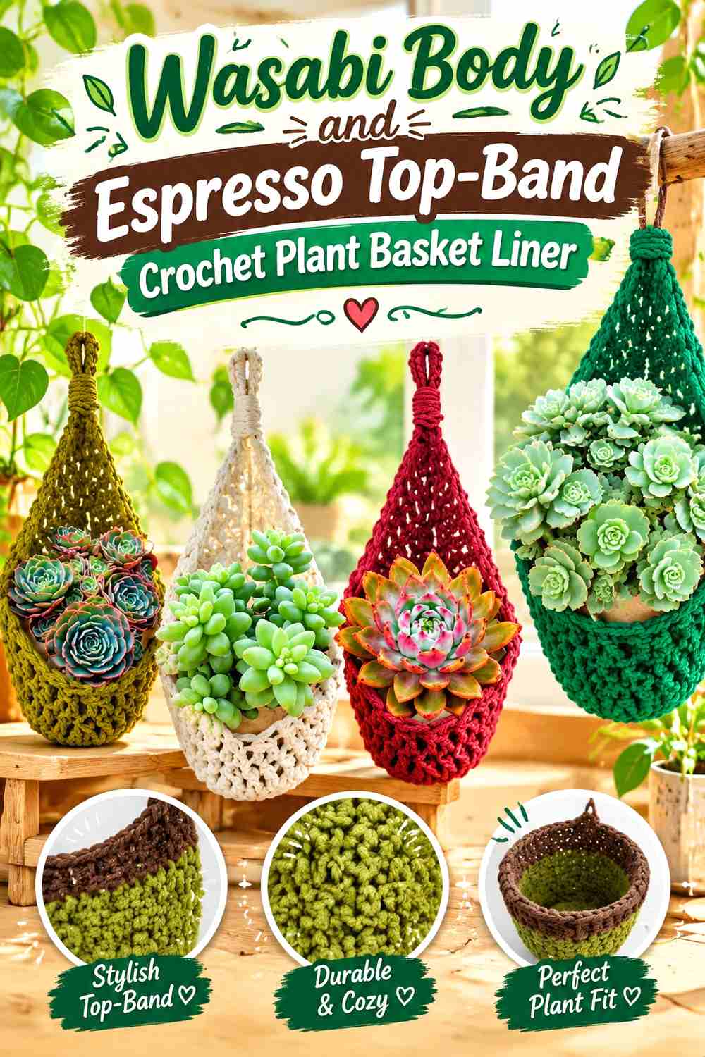 15. Wasabi Body And Espresso Top Band Crochet Plant Basket Liner