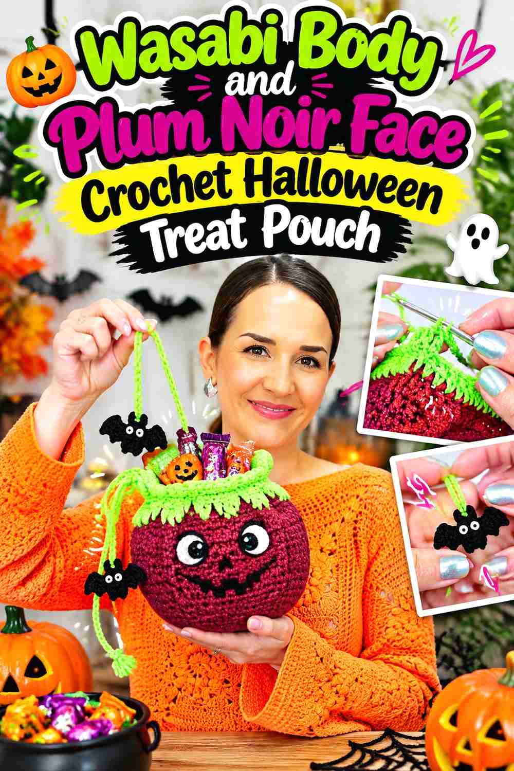 5. Wasabi Body And Plum Noir Face Crochet Halloween Treat Pouch