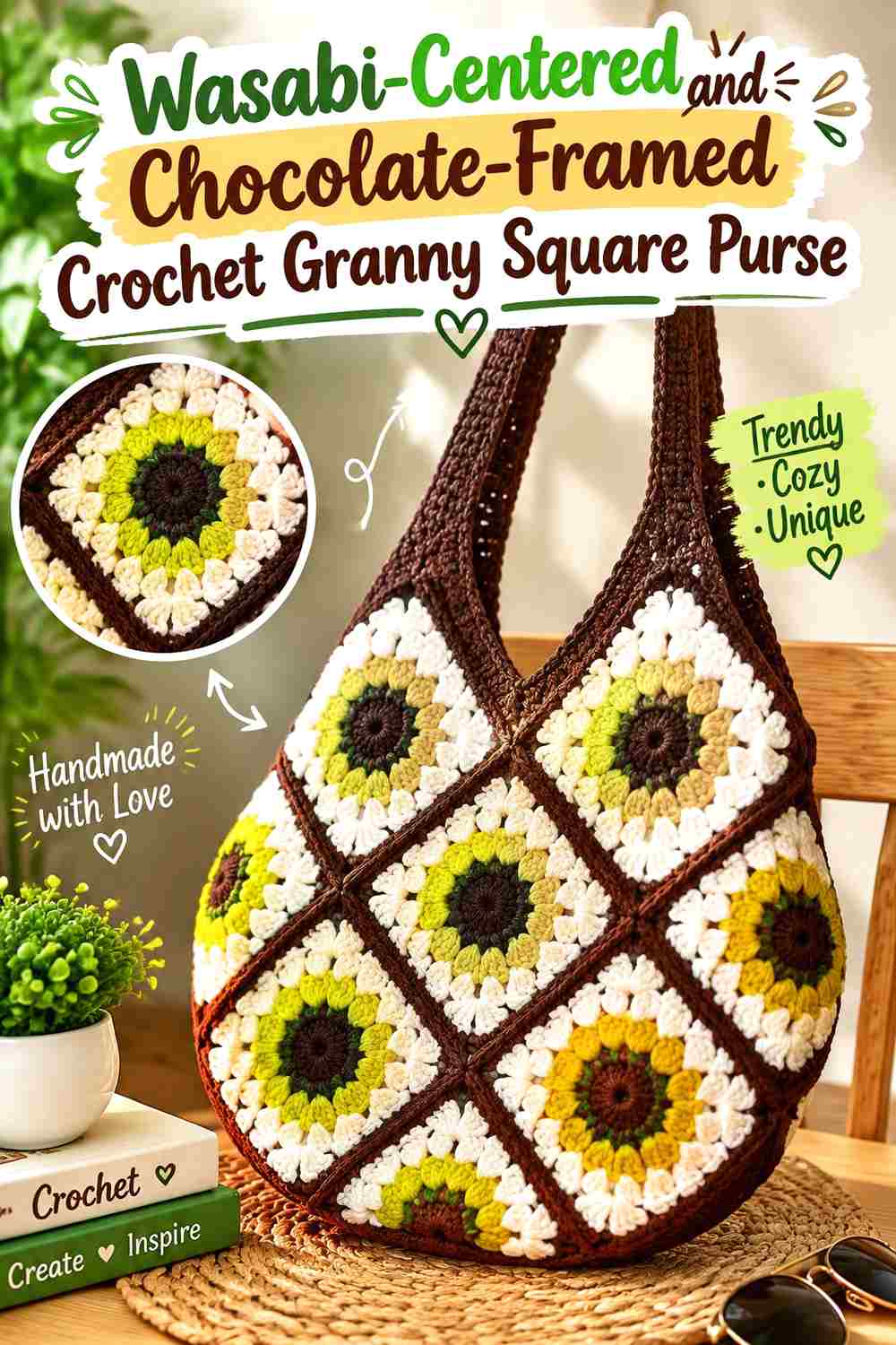 1. Wasabi Centered And Chocolate Framed Crochet Granny Square Purse