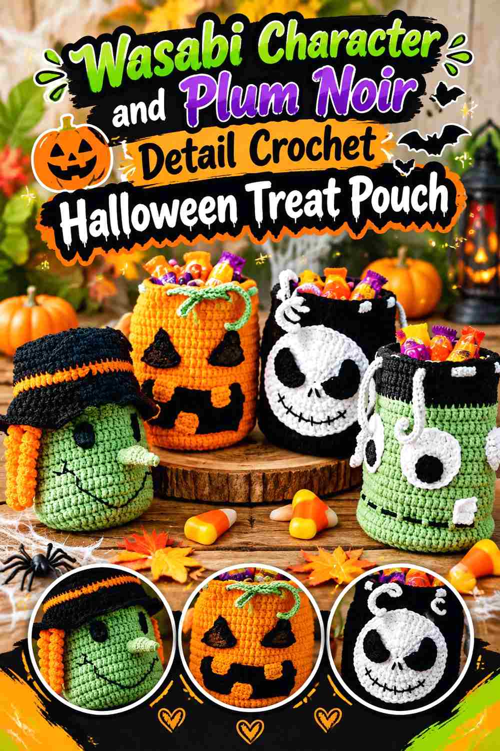 8. Wasabi Character And Plum Noir Detail Crochet Halloween Treat Pouch
